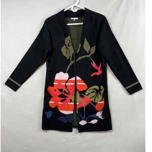 Sioni Floral Cardigan Sweater Womens Small Black Intarsia Open Front Longline